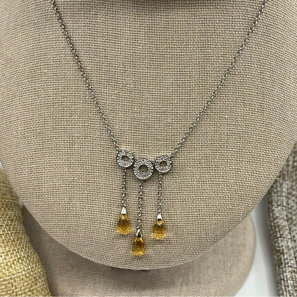 Vintage 10KT White Gold Necklace with Citrine Briolette Drops & Diamond Accents - Picture 10 of 15